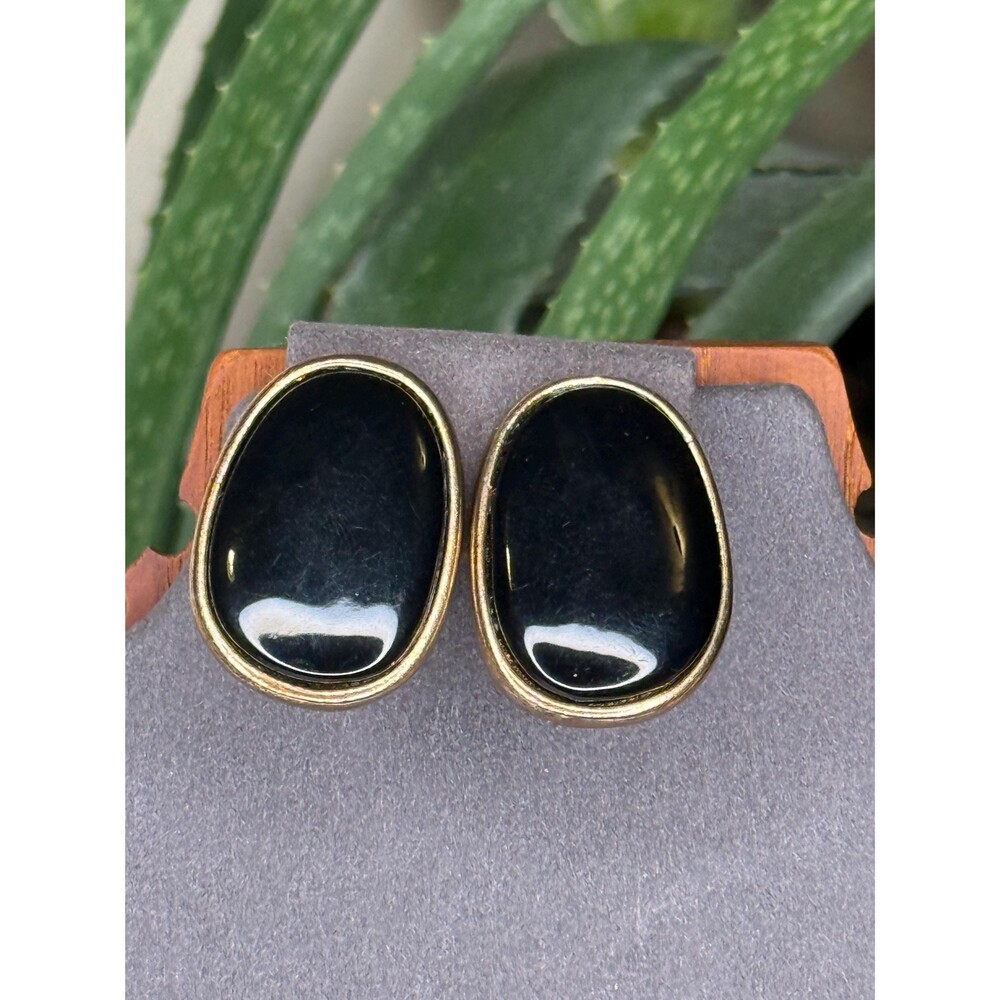 Vintage Black Cabochon Gold Clip On Earrings Minimalist Oval Statement 80s 90s - Picture 3 of 9